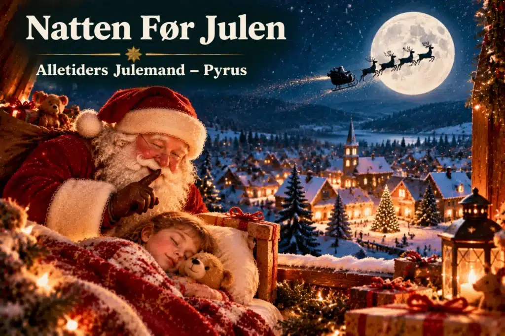 Julemand besøger sovende barn på juleaften med sne, måne og lys