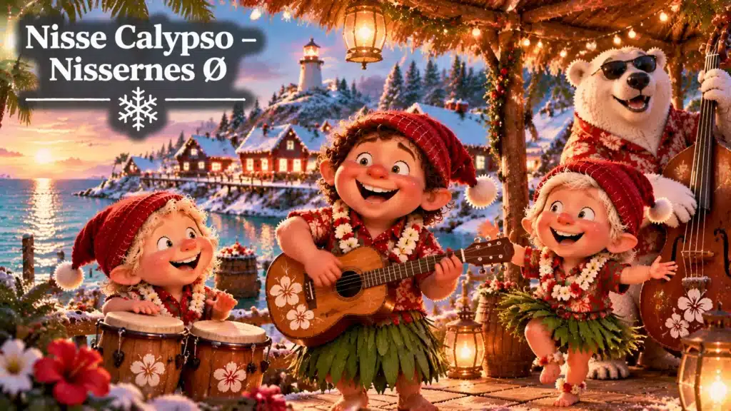 Nisser spiller calypso-musik på Nissernes Ø med guitar, trommer, julelys og sneklædt ø-stemning