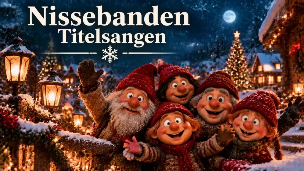 Nisser fejrer jul i en sneklædt landsby med lys, juletræ og hyggelig stemning