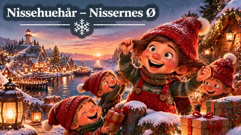 Nisser leger med nissehuer på Nissernes Ø med sne, julelys og vinterstemning