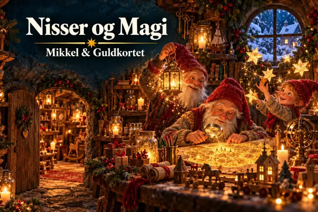 Nisser og Magi – tre nisser skaber julestjerner omkring et lysende guldkort
