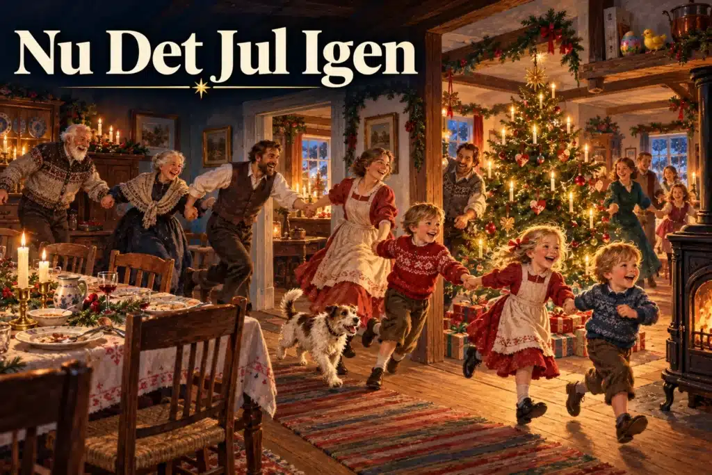 Nu Det Jul Igen – familie løber hånd i hånd gennem julepyntet hjem