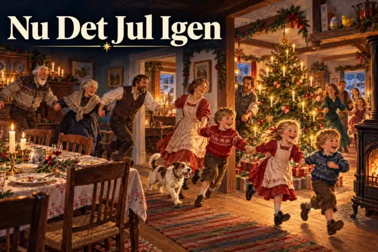 Nu Det Jul Igen – familie løber hånd i hånd gennem julepyntet hjem
