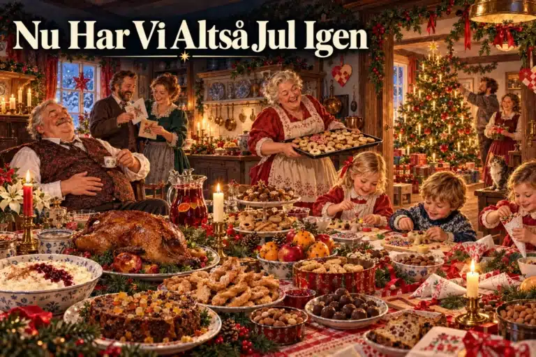 Nu Har Vi Altså Jul Igen – familie omgivet af julemad, bagning, pynt og gaver