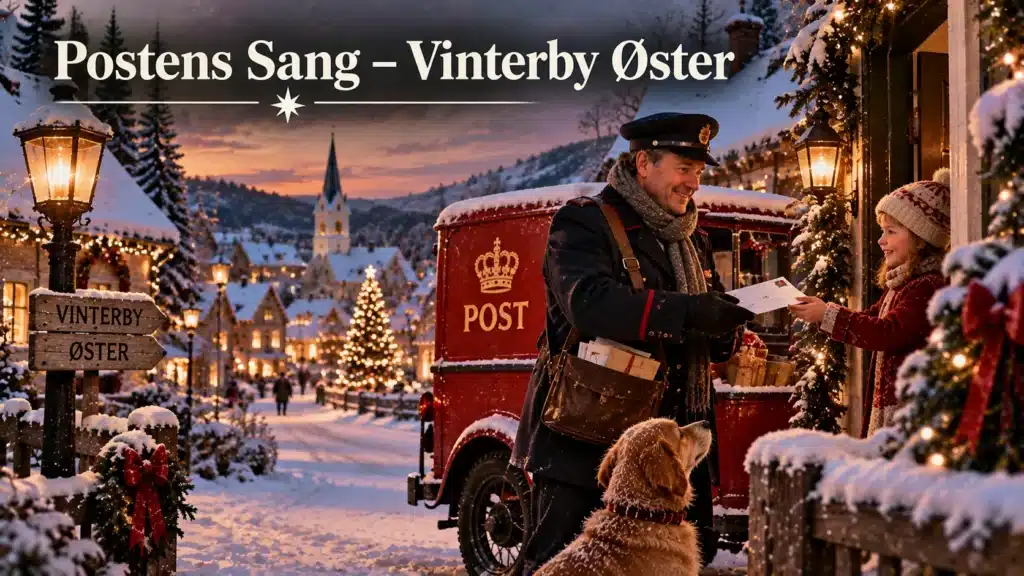 Postbuddet deler julepost ud i den sneklædte Vinterby Øster