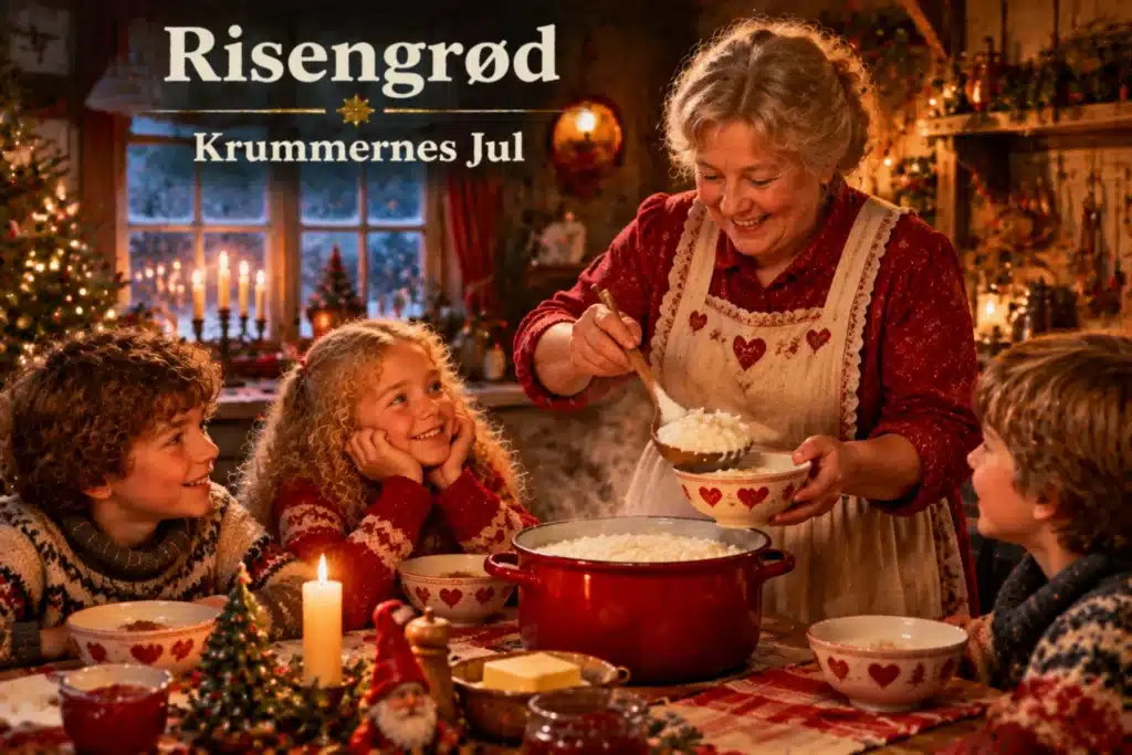Julemor serverer risengrød til børn i hyggeligt køkken med julelys