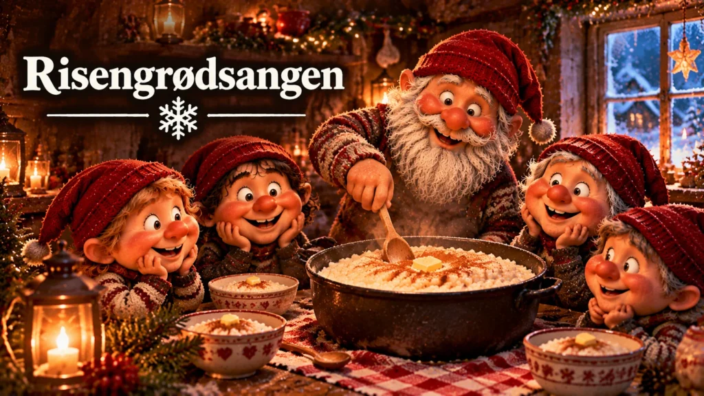 Nisser nyder risengrød i et hyggeligt julekøkken med varme lys og julestemning
