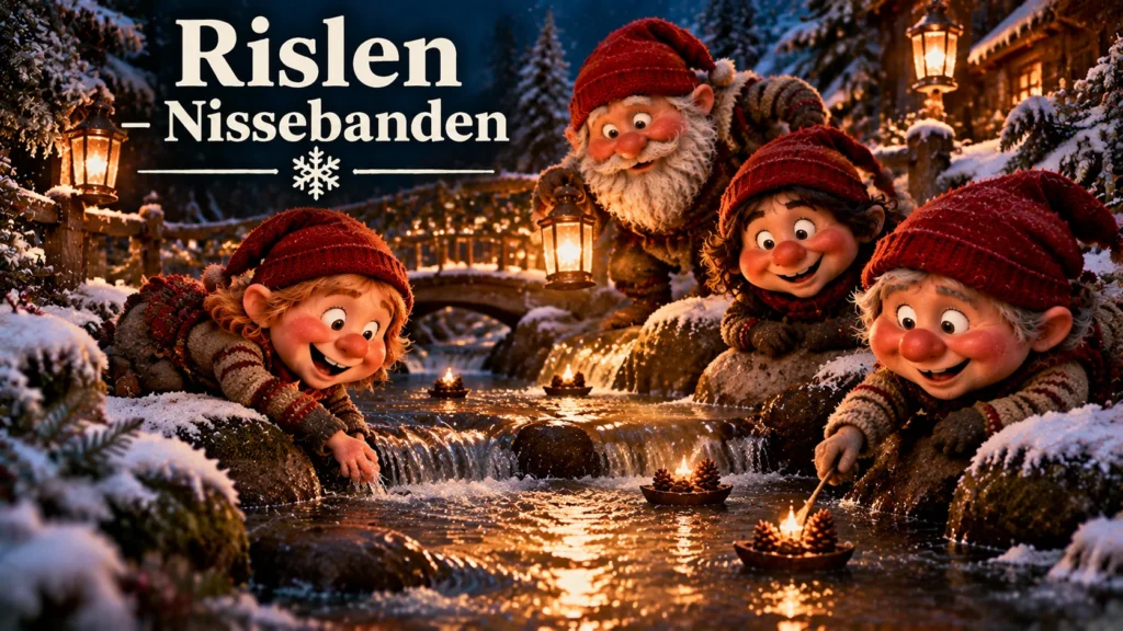Nisser lytter til rislende vand i en sneklædt skov med varme julelys