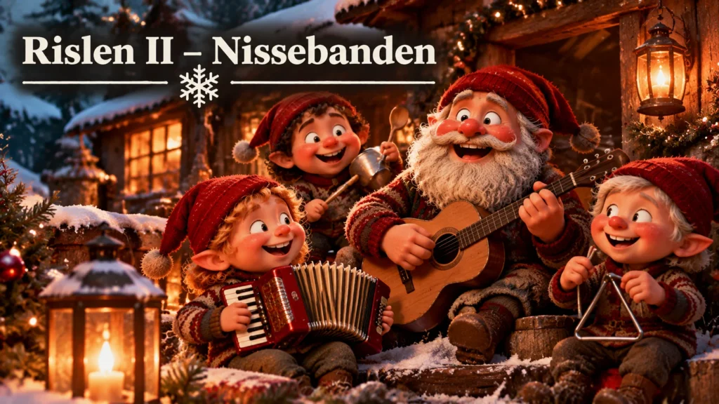 Nisser spiller julemusik sammen i sneen med instrumenter og hyggelige lys