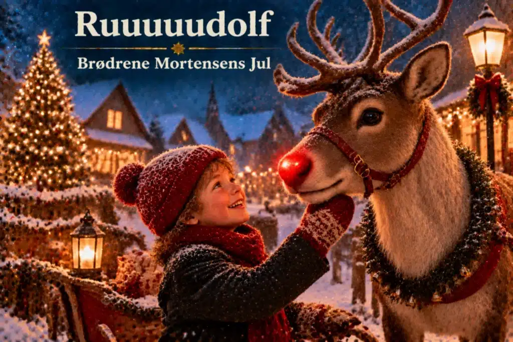 Barn møder Rudolf med lysende næse i sneklædt julelandsby
