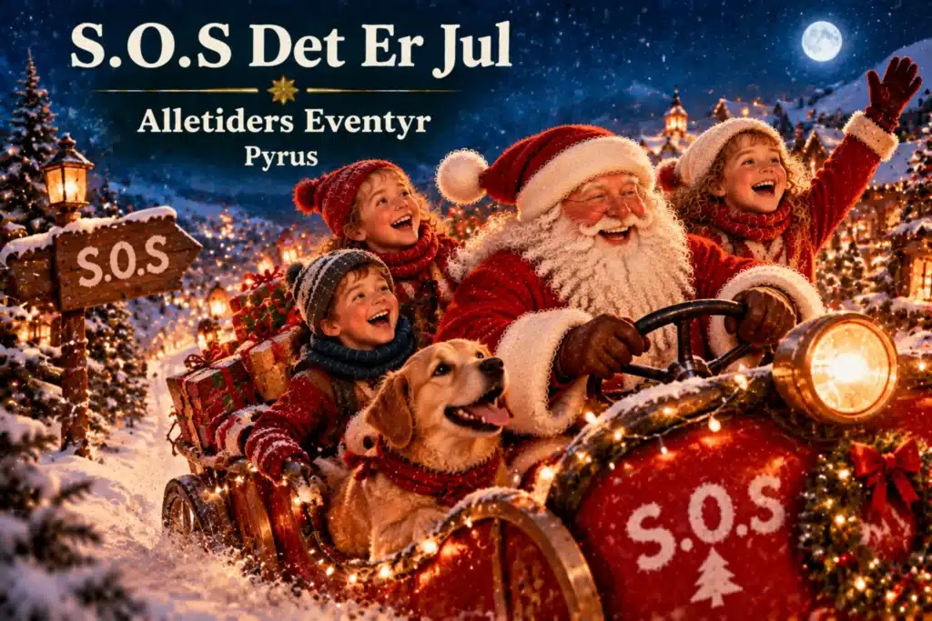 Julemand flyver med børn i slæde over sneklædt landsby med julelys