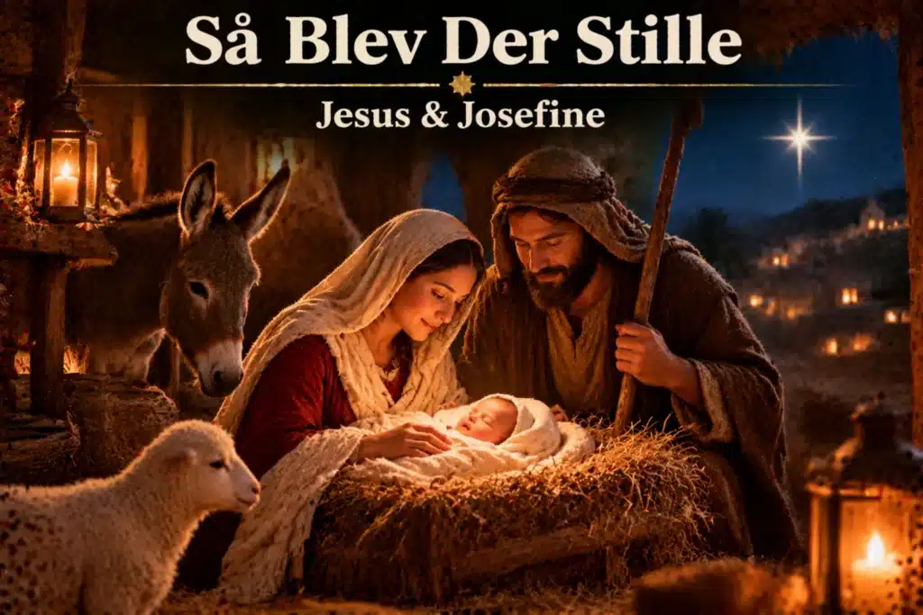 Jesusbarnet i krybbe med Maria og Josef i varm julebelysning