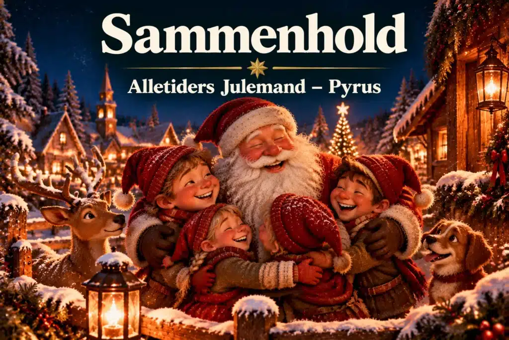 Julemand og nisser fejrer sammenhold i sneklædt landsby med julelys