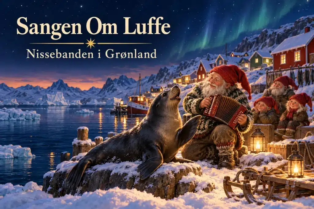Sangen Om Luffe – nisse spiller harmonika for en søløve ved Grønlands vinterkyst