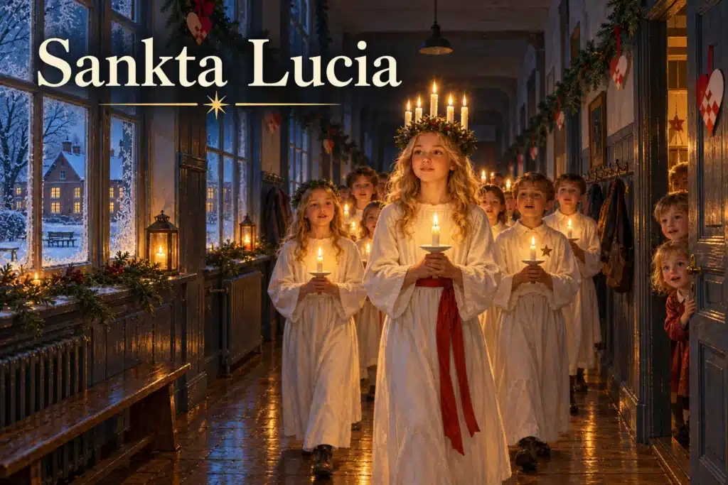 Sankta Lucia – skolebørn går Luciaoptog med levende lys i dansk skole