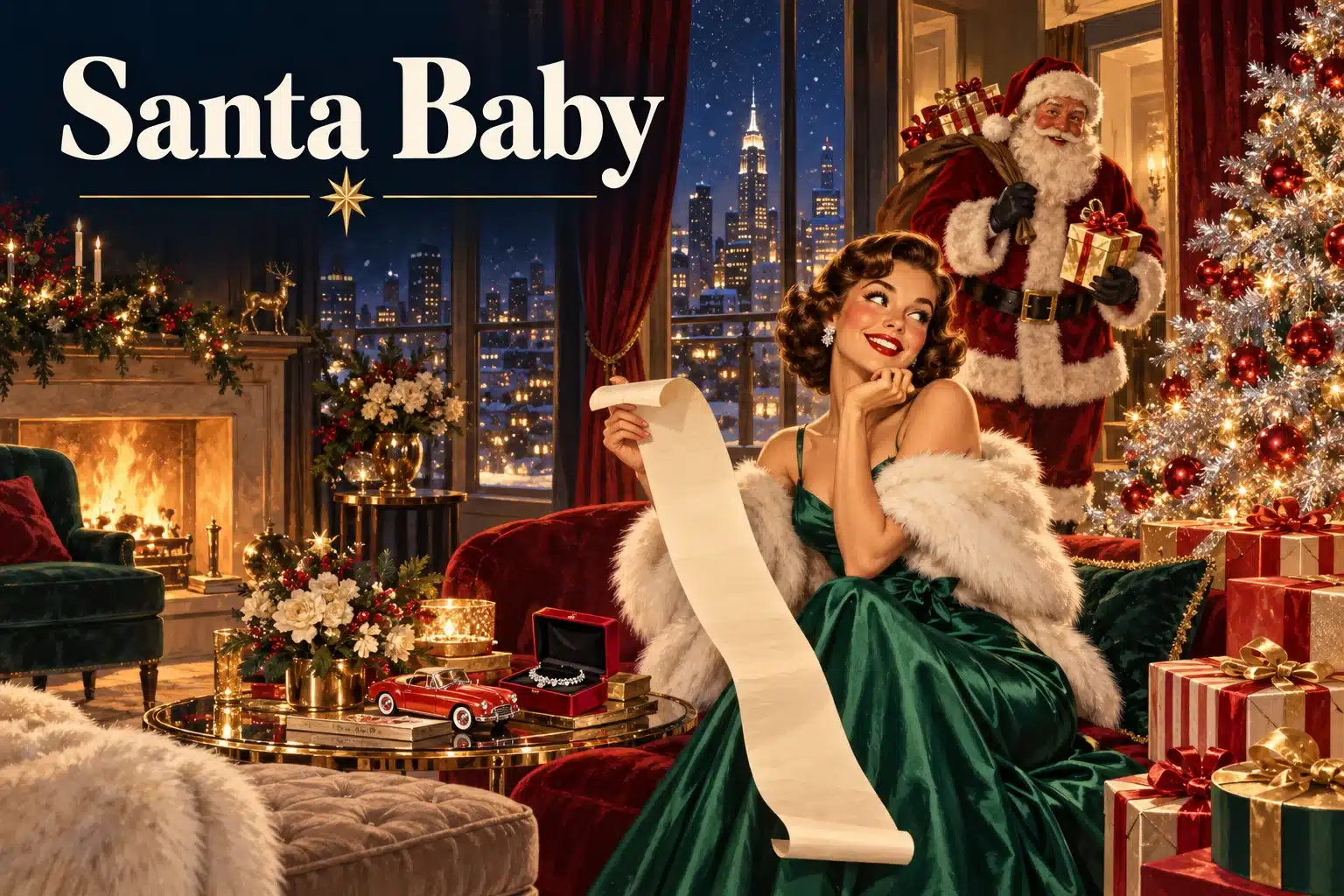Santa Baby – glamourøs kvinde viser julemanden sin lange ønskeliste