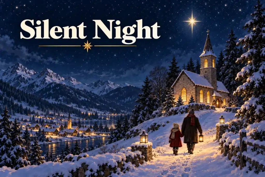 Silent Night – familie går mod en oplyst kirke i julenatten