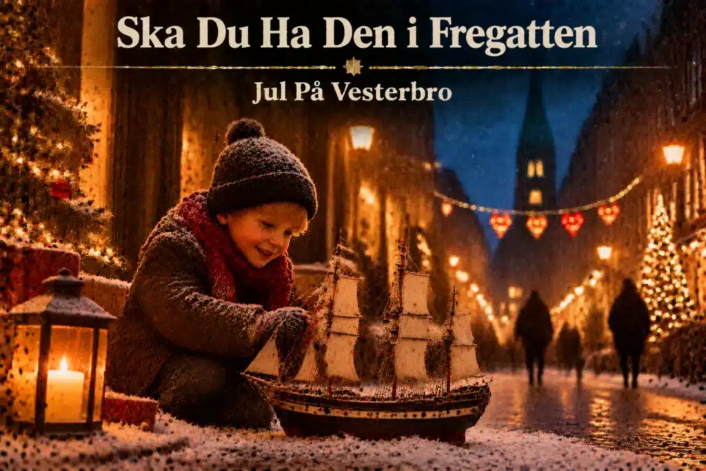 Barn leger med legetøjsskib i sneklædt julegade med lys