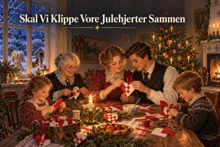 Skal Vi Klippe Vore Julehjerter Sammen – familie fletter julehjerter ved bordet