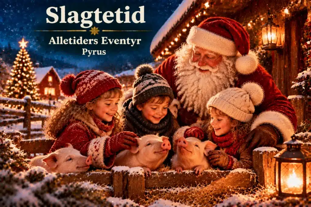Julemand og børn fodrer grise på gård med sne og julelys