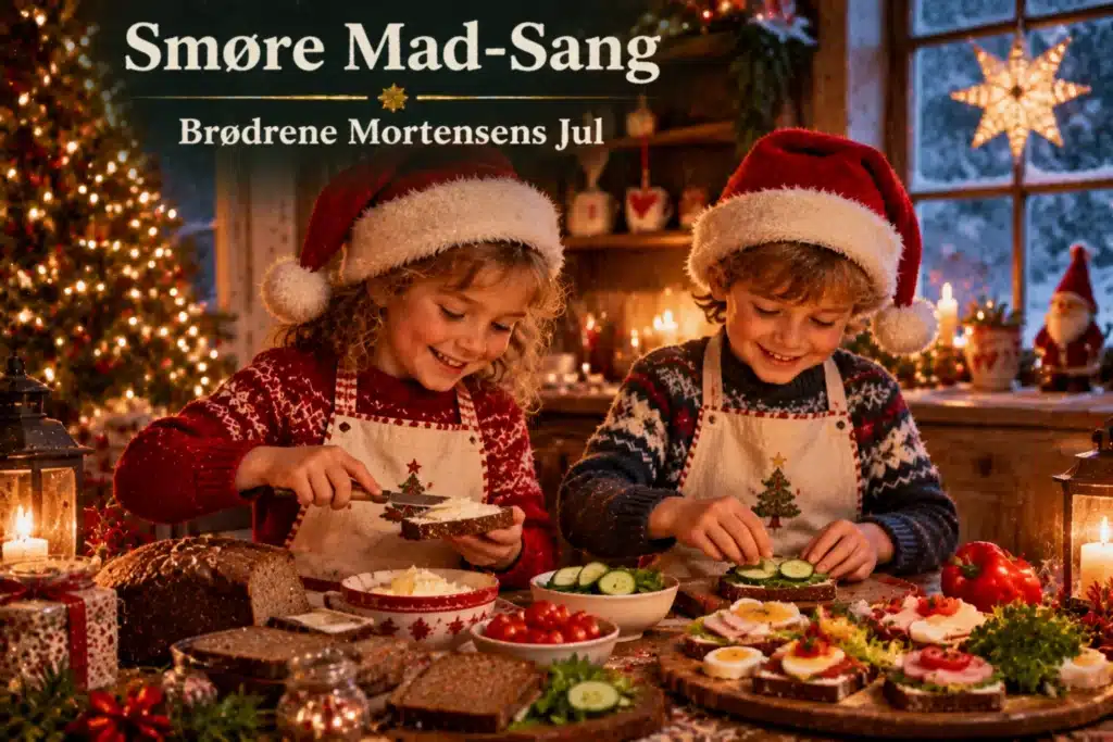 Børn laver julemad i hyggeligt køkken med julelys og smørrebrød