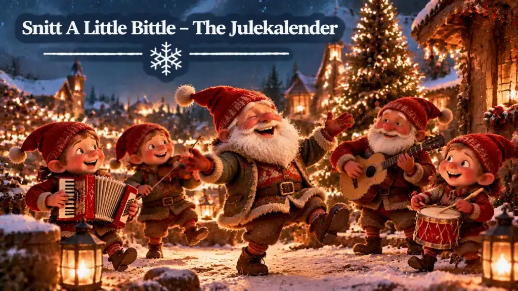 Nisser spiller musik og danser i julebyen med sne, julelys og hyggelig vinterstemning