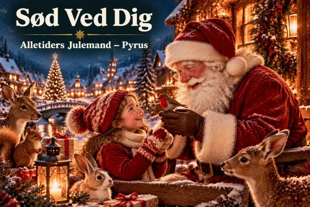 Julemand møder barn med fugl i sneklædt landsby med julelys