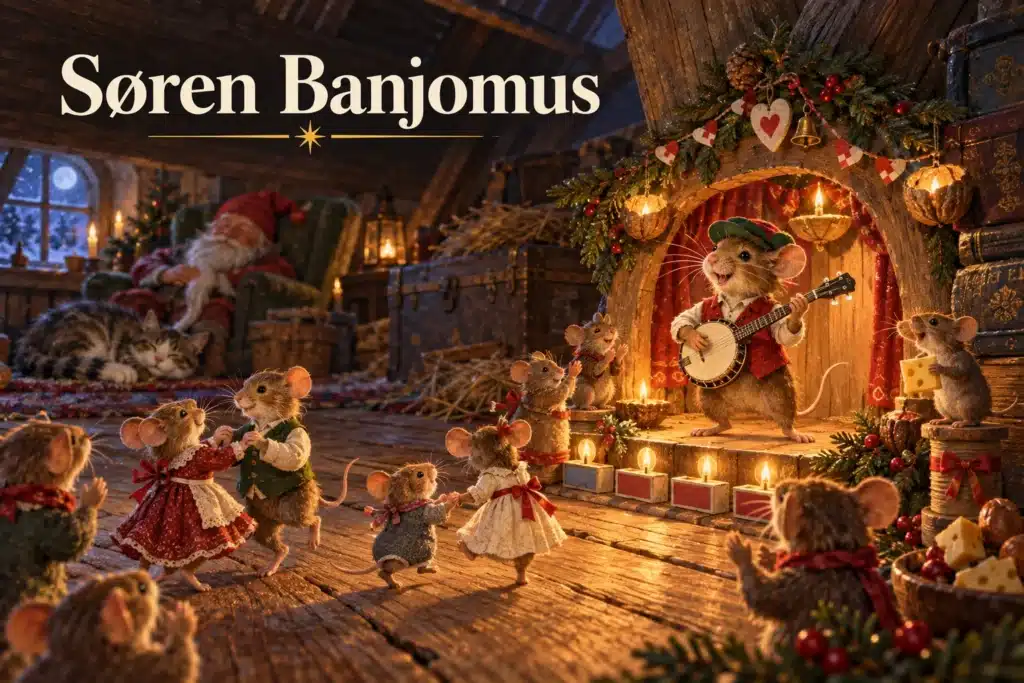 Søren Banjomus spiller banjo, mens musene danser på det julepyntede loft