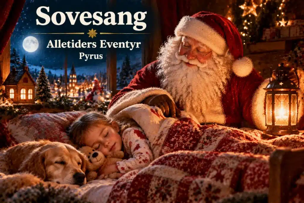 Julemand putter sovende barn i seng med sne, lys og julehygge