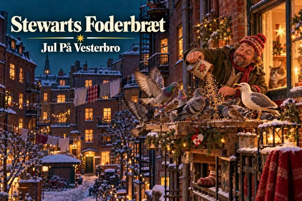 Stewarts Foderbræt – mand fodrer duer og småfugle i en sneklædt Vesterbro-baggård