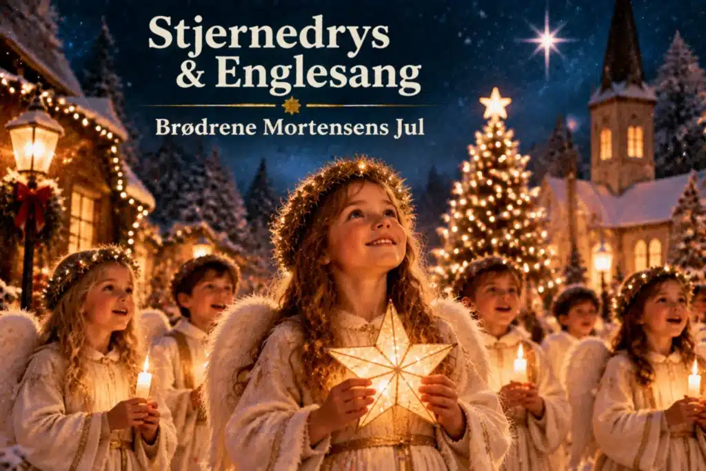 Børn klædt som engle synger med stjerner og julelys i sne