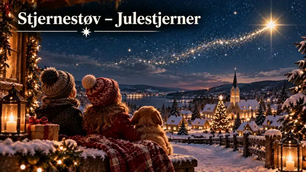 Børn ser julestjerner og magisk stjernestøv over en sneklædt juleby