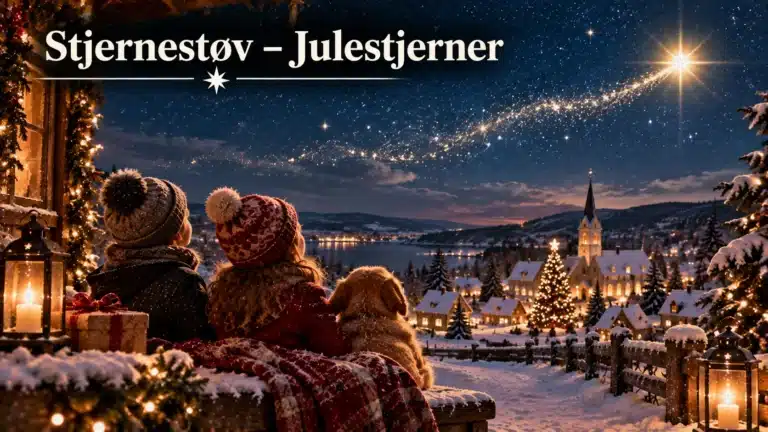 Børn ser julestjerner og magisk stjernestøv over en sneklædt juleby
