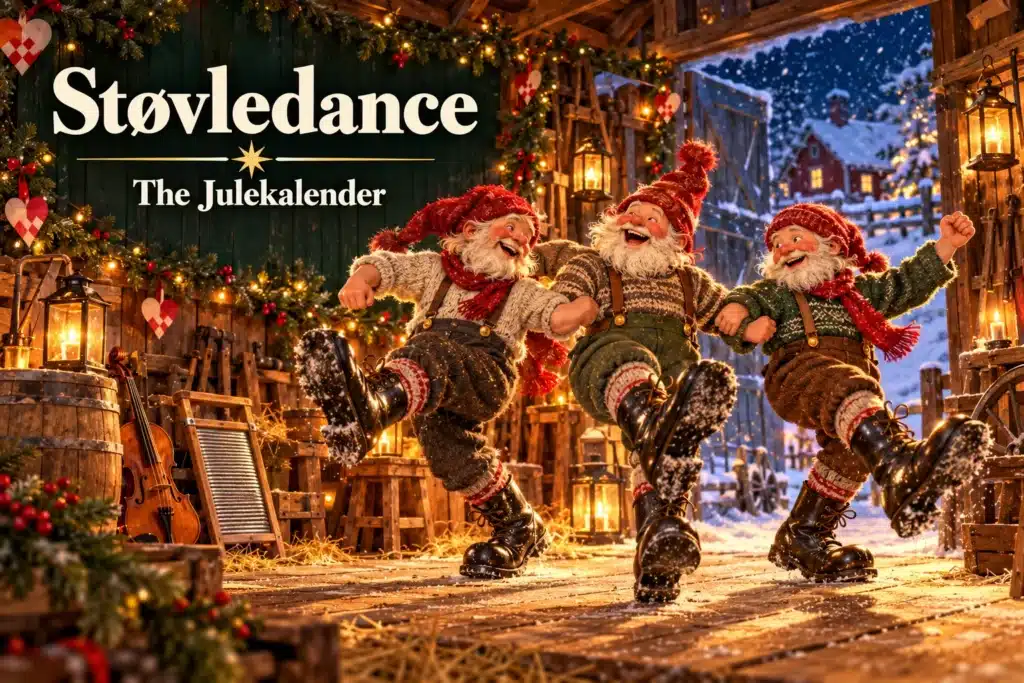 Støvledance – tre nisser danser i store støvler i en julepyntet lade