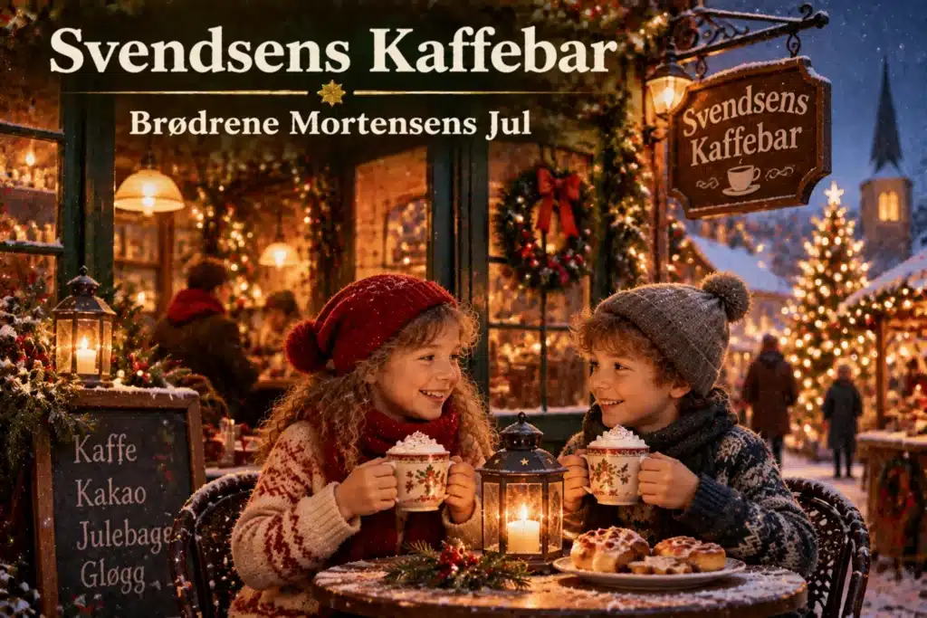 Børn nyder varm kakao i hyggelig julecafé med lys og sne