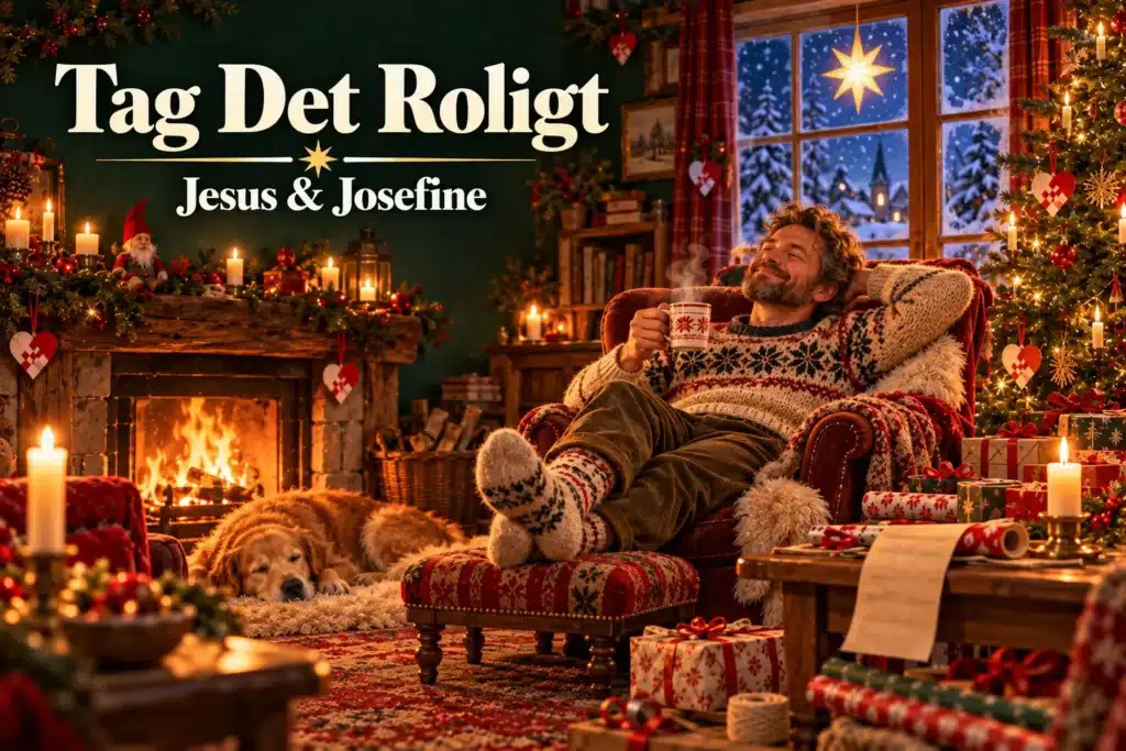 Tag Det Roligt – mand slapper af med varm kakao foran pejsen