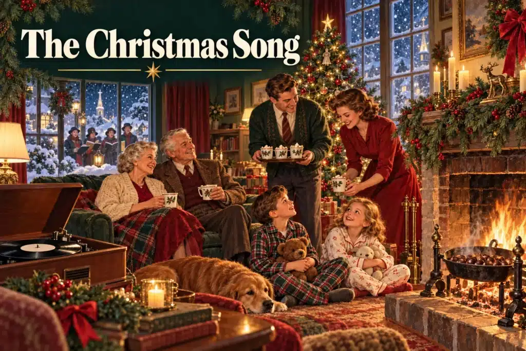 The Christmas Song – familie hygger ved pejsen med ristede kastanjer