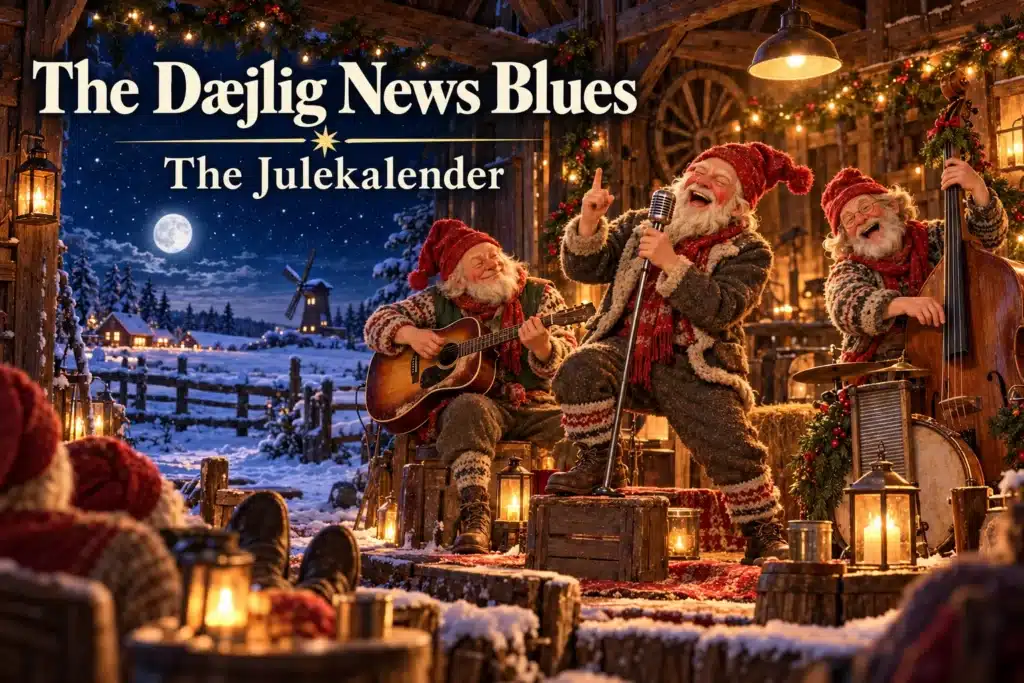 The Dæjlig News Blues – tre nisser spiller blues i en julepyntet lade.