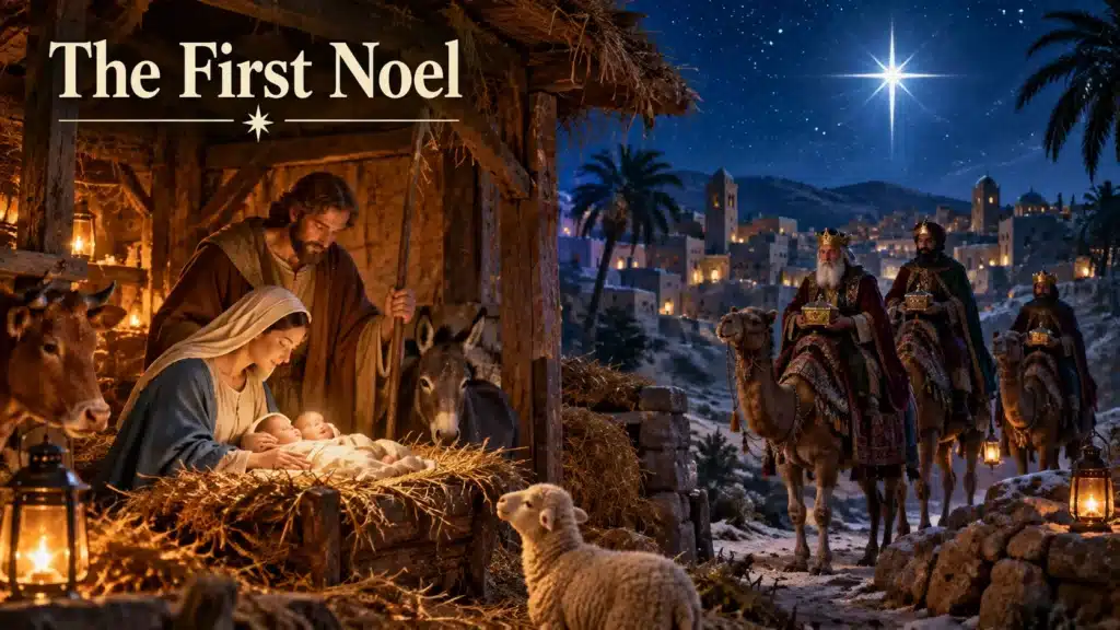 The First Noel med Jesusbarnet i krybben og de tre vise mænd