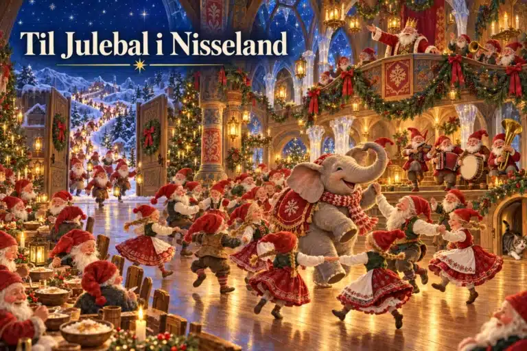 Til Julebal i Nisseland – nisser og elefant danser i kongens hal