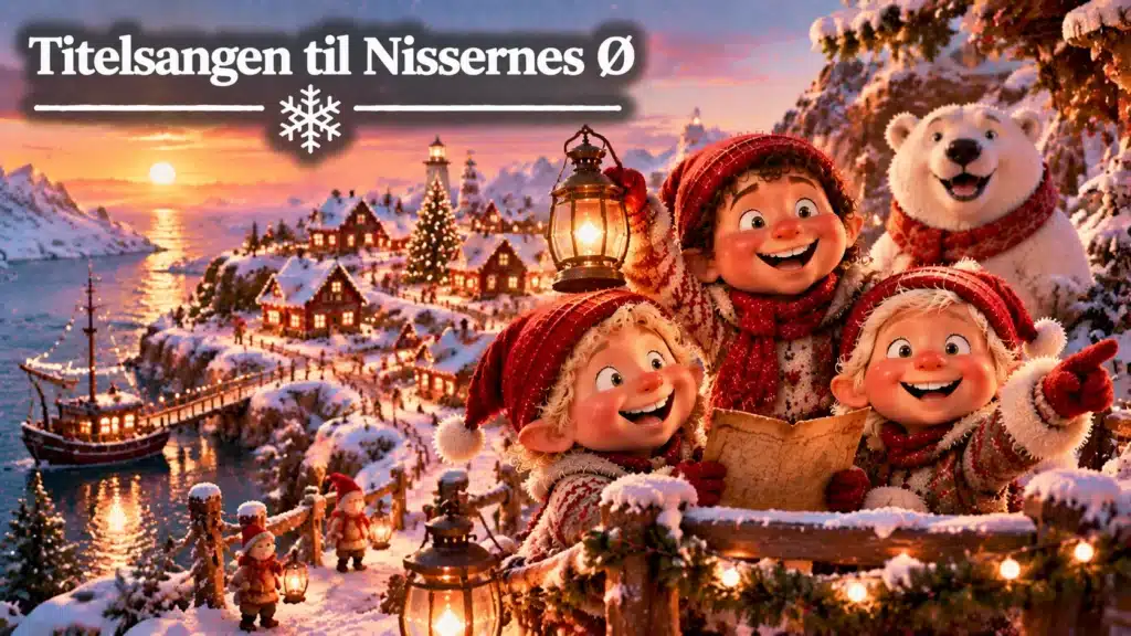 Nisser udforsker Nissernes Ø med sneklædt landsby, julelys, havn og magisk vinterstemning