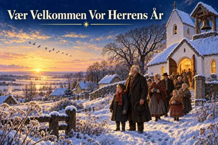 Vær Velkommen Vor Herrens År – landsbyfolk hilser nytårslyset ved kirken.