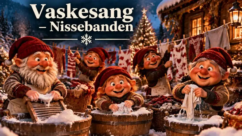Nisser vasker tøj i sneen med julelys, vaskebaljer og hyggelig vinterstemning