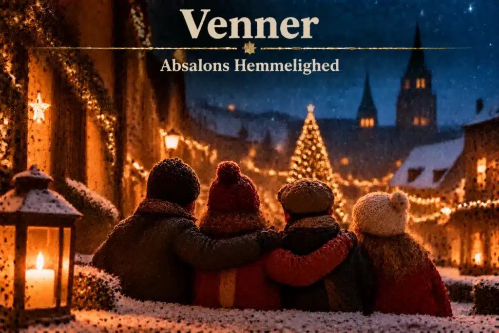 Venner samles i sneklædt juleby med lys, juletræ og varm stemning