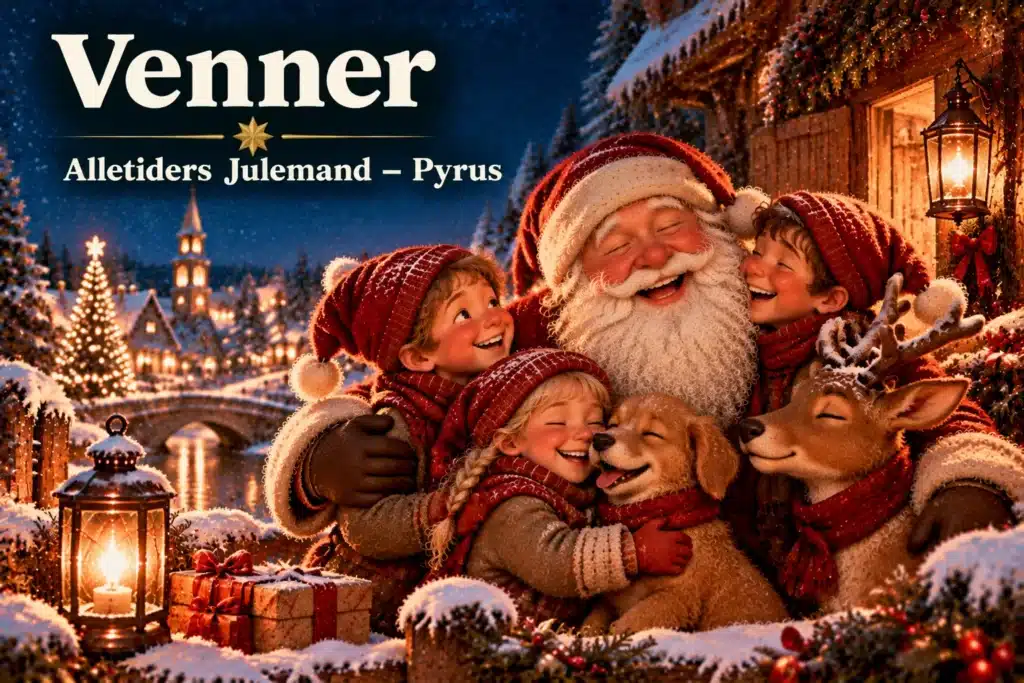 Julemand og venner fejrer jul med nisser, dyr, sne og julelys