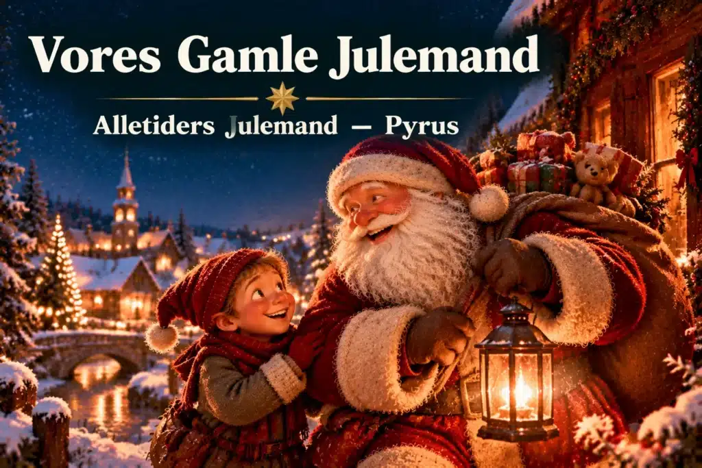 Julemand og nissebarn går sammen i sneklædt landsby med lys og gaver