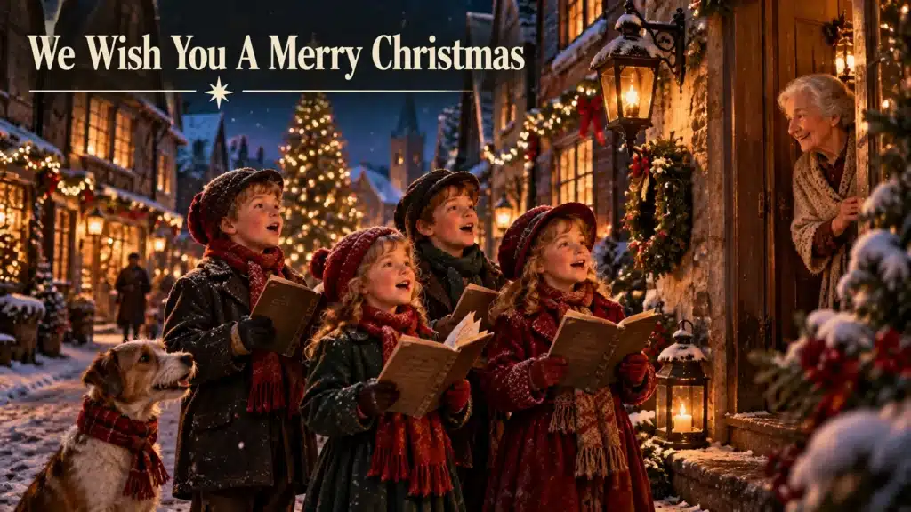 Børn synger We Wish You A Merry Christmas på en sneklædt julegade