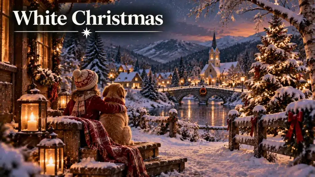 White Christmas med sneklædt juleby, juletræ og varme lys