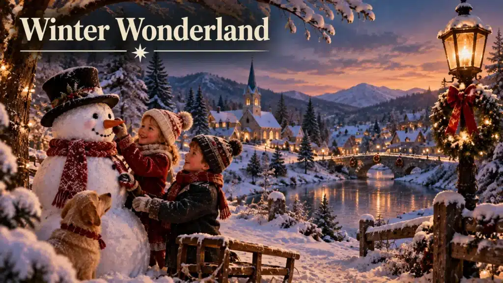Vinterlandskab med sne, julelys, snemand og børn i hyggelig julestemning