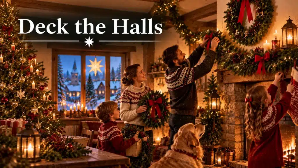 Familie pynter hjemmet med juletræ, kranse og guirlander til Deck the Halls